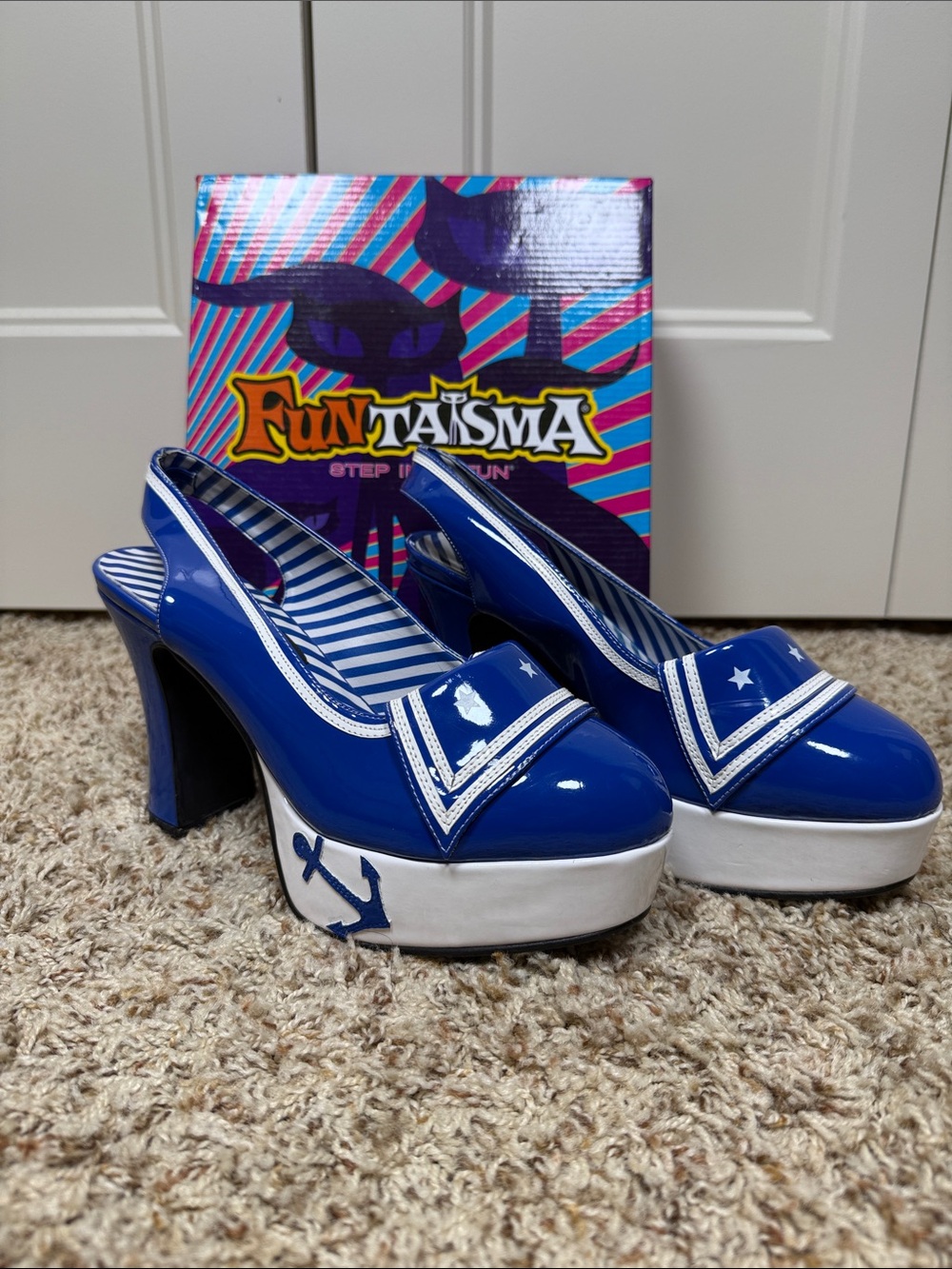 Funtasma Blue and White Nautical Platform Slingback Heels Size 9